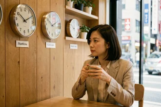 Femme japonaise dans un café de Tokyo observant trois horloges murales affichant l'heure de Tokyo, Paris et Montréal