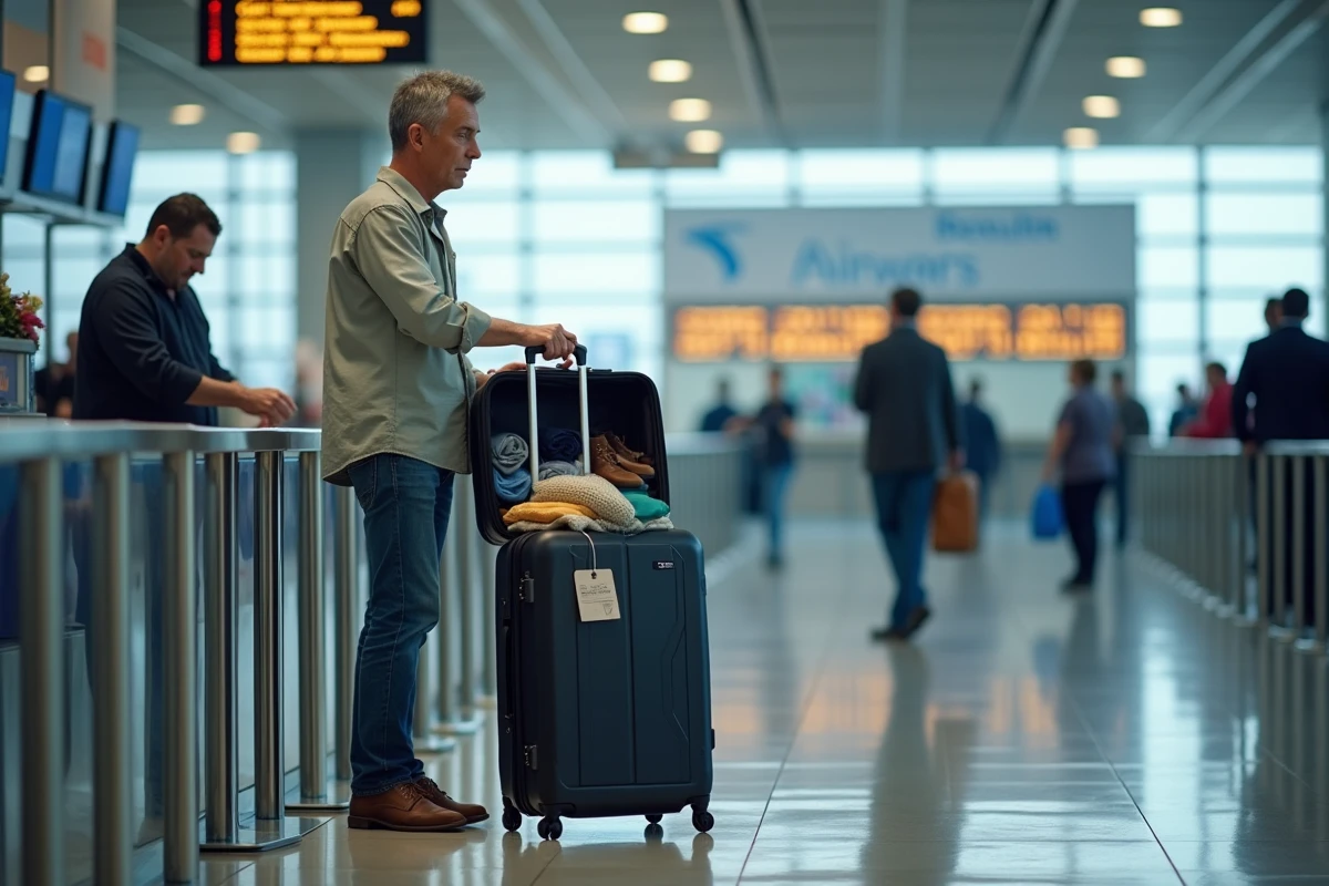 Homme d'âge moyen surpris à l'aéroport avec valise surchargée