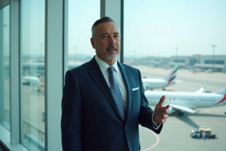 Homme d'affaires en costume dans une vue aéroport