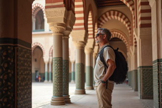 Homme souriant devant l'arc moresque de la Mezquita