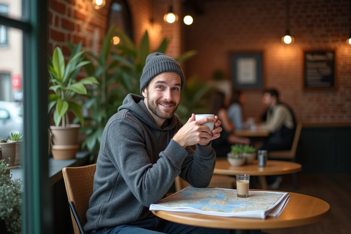 Homme planifiant son week-end à Berlin dans un café chaleureux du quartier Mitte avec une carte de la ville