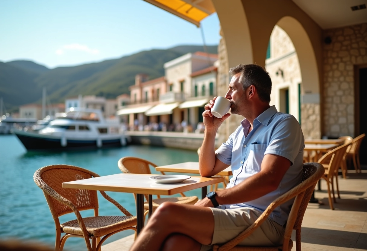 Homme sirotant caf&eacute; face au port de Kythira