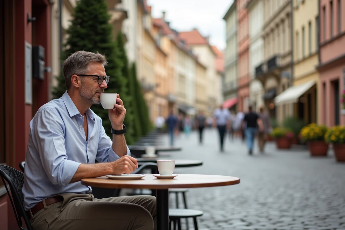 Homme buvant un caf&eacute; dans une rue pav&eacute;e de Prague