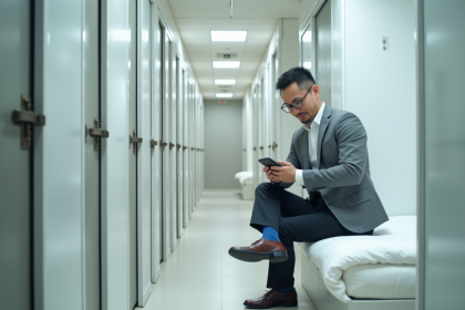 Homme d'affaires dans un capsule hotel moderne