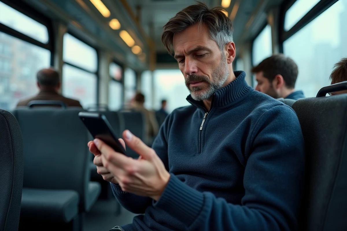 Homme comparant deux applications de navigation dont Mappy dans les transports en commun
