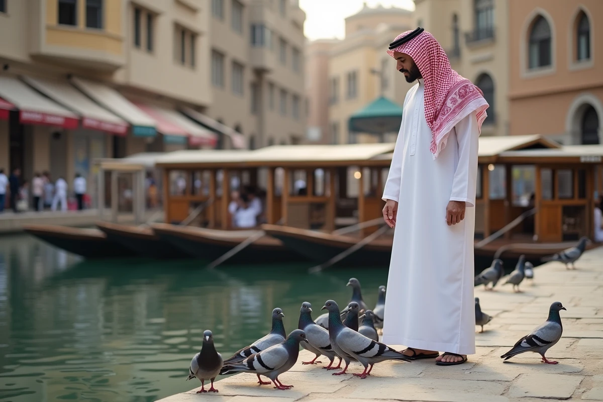 Homme Emirati nourrissant des pigeons au bord de Dubai Creek