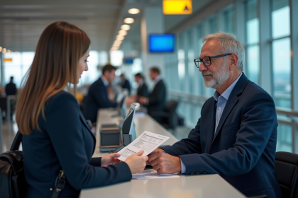 Homme d'âge moyen à l'aéroport lors de l'enregistrement