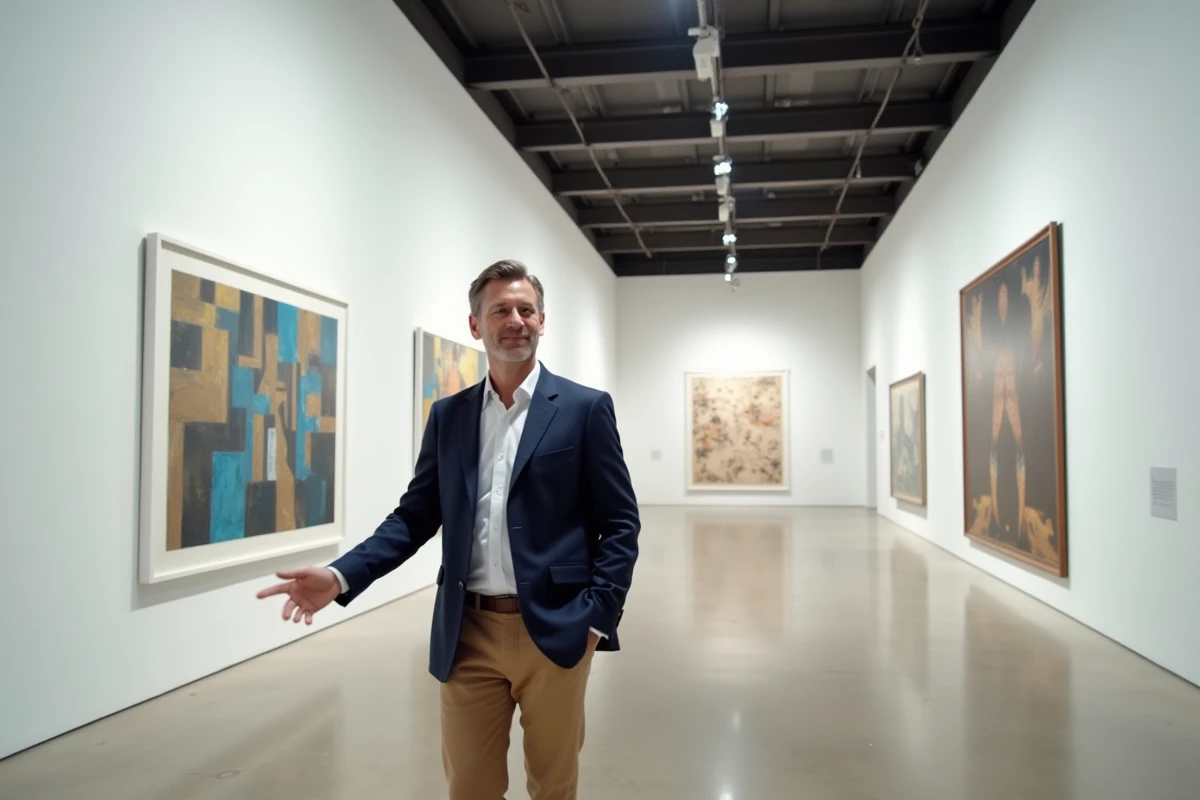 Homme explorant une galerie d'art contemporain dans un musée moderne de Malaga en Espagne