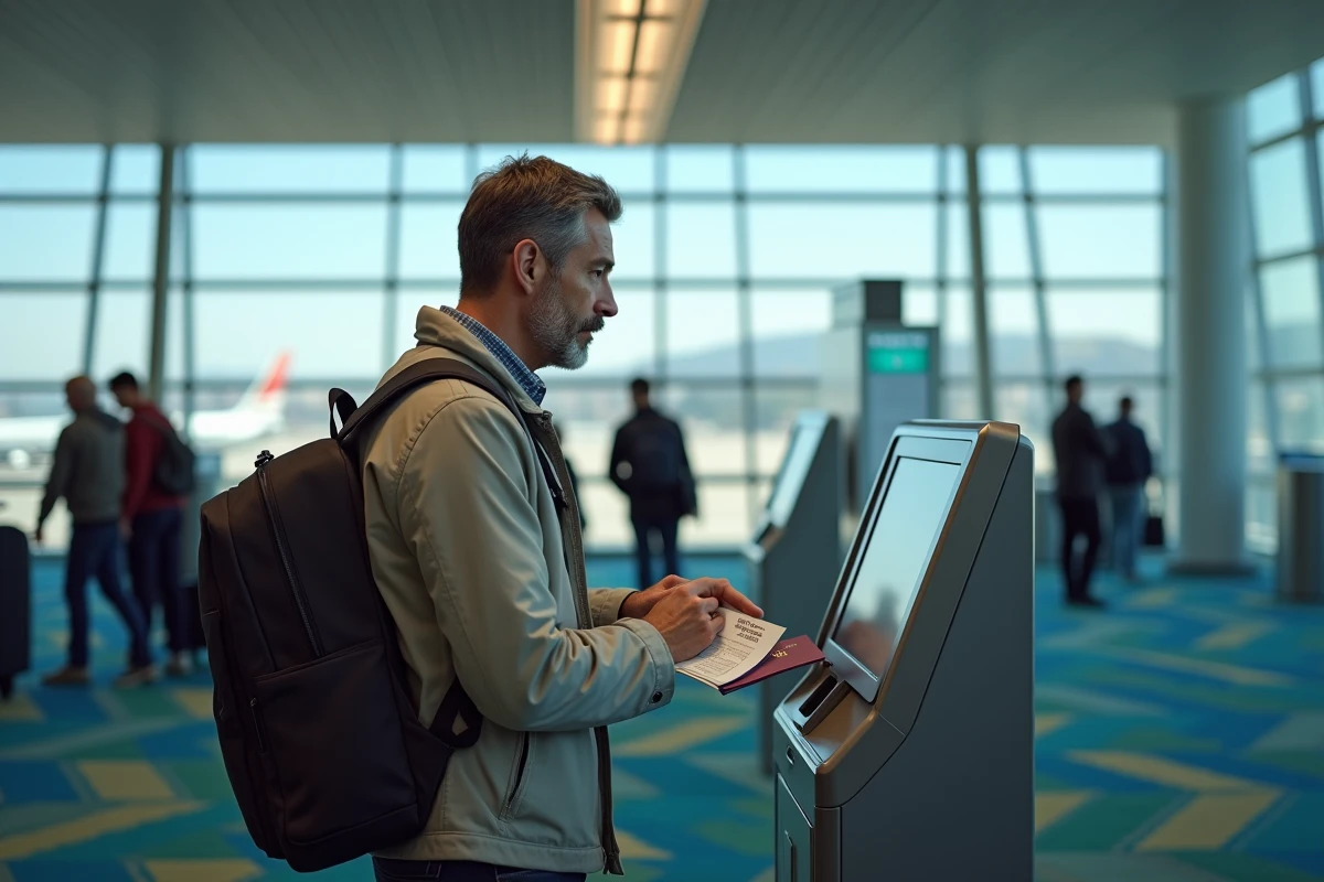 Homme confus utilisant un kiosque d