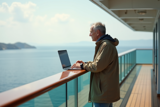 Homme d'âge moyen sur un pont de croisière utilisant un ordinateur portable