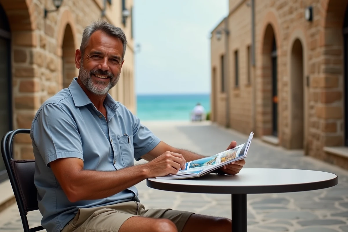 Homme lisant un guide de voyage dans une rue méditerranéenne