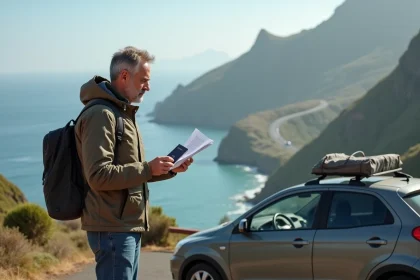 Homme voyageur vérifiant ses documents près d'une voiture à Madeira