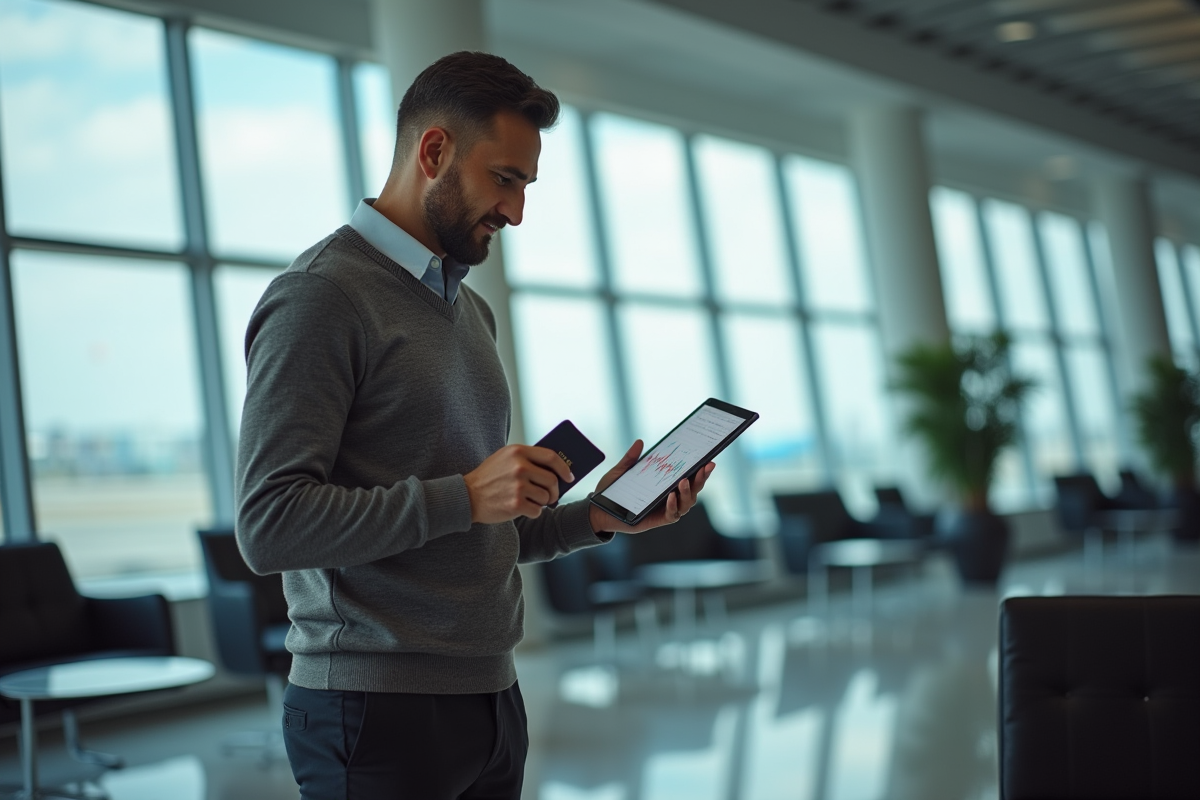 Homme d affaires dans un lounge aéroport avec tablette et passeport