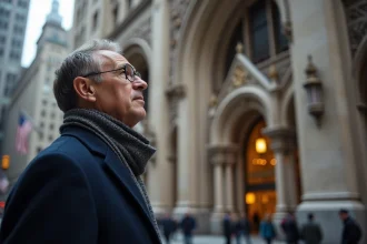 Homme regardant la façade néo gothique du Woolworth Building