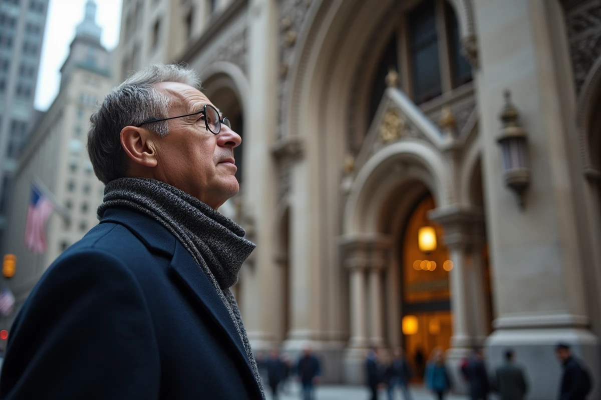 Homme regardant la façade néo gothique du Woolworth Building