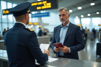 Homme en blazer navy pr&eacute;sente son passeport &agrave; la douane