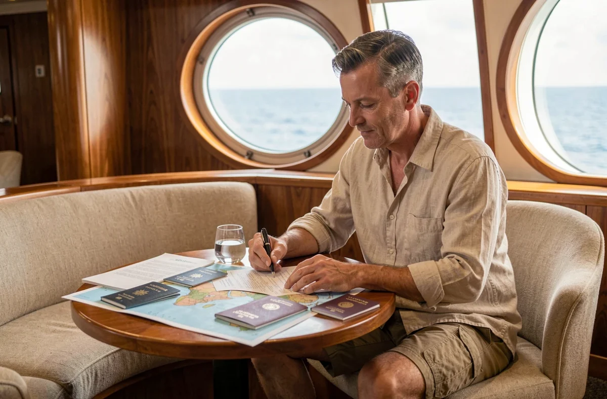 Homme préparant ses documents de voyage et cartes du monde dans le salon intérieur d'un paquebot de croisière