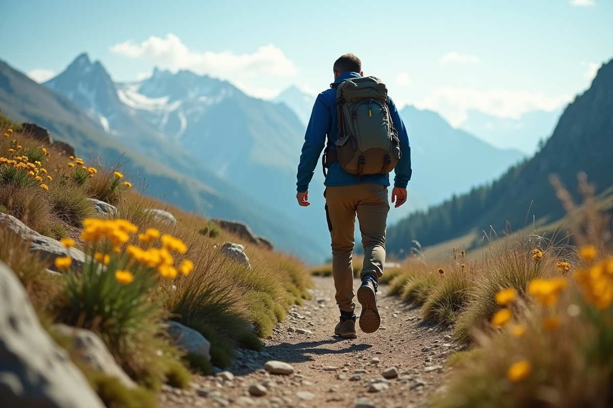 Homme en randonnée en montagne avec sac à dos et terrain rocheux