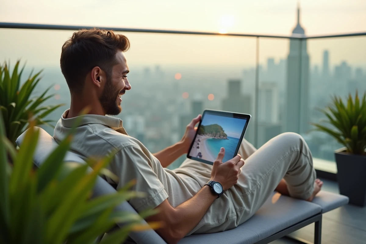 Homme relaxant sur terrasse urbaine en utilisant sa tablette