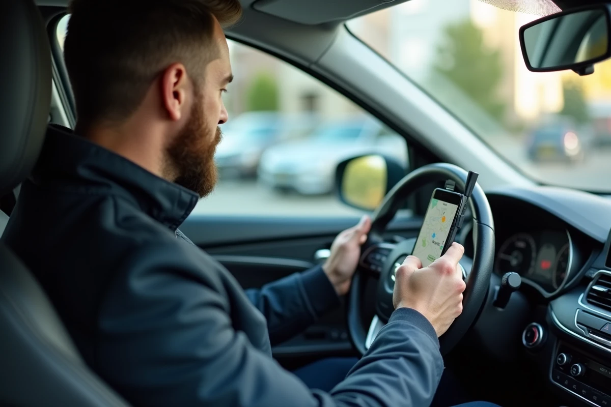 Homme consultant Viamichelin sur smartphone dans sa voiture pour estimer le coût d'un trajet routier