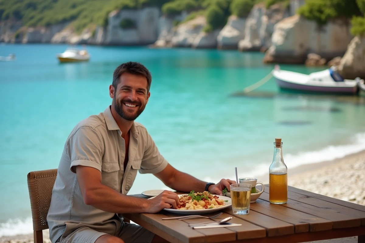 Homme détendu à une taverne face à la mer à Zakynthos