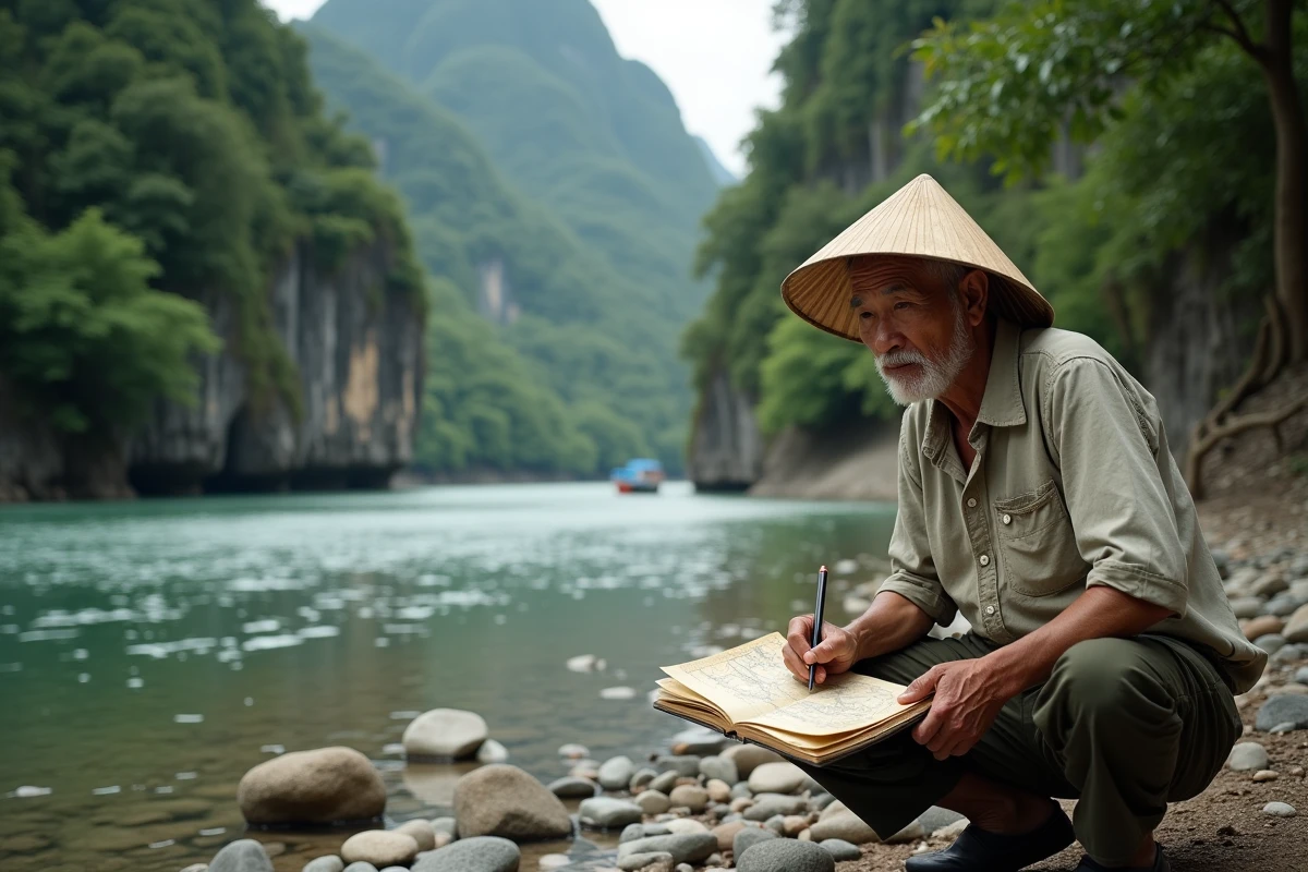 Homme vietnamien dessinant une carte au bord de la rivière