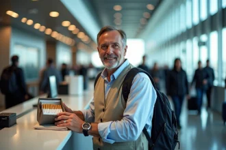 Homme français à l'aéroport avec bagage de tabac