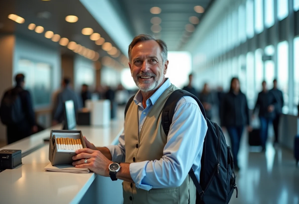 Homme français à l'aéroport avec bagage de tabac