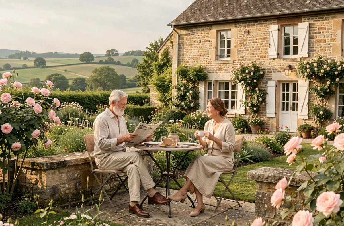Hostellerie de Levernois près de Beaune, terrasse en pierre et jardin fleuri d'une propriété de charme bourguignonne