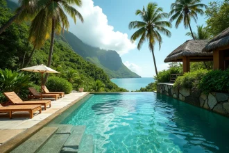 Piscine à débordement d'un hôtel 5 étoiles écotouristique en Guadeloupe entourée de végétation tropicale luxuriante avec vue sur la mer des Caraïbes