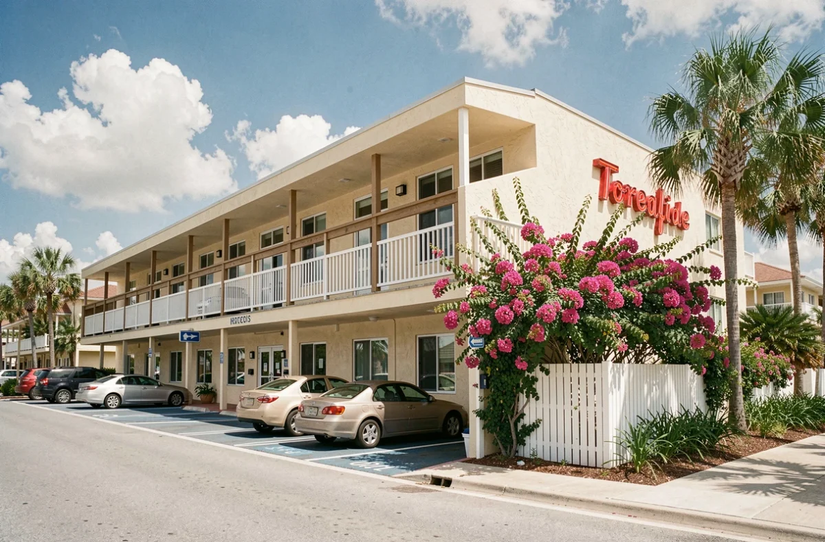 Façade d'un hôtel classique de style mid-century à Marathon en Floride, avec bougainvilliers, palmiers et enseigne vintage le long de l'Overseas Highway
