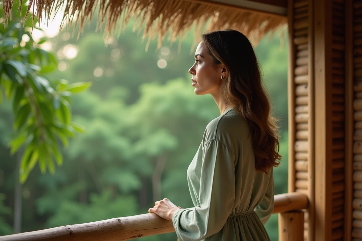 Femme en robe en lin sur le balcon d'un bungalow écolodge de luxe en Guadeloupe avec vue sur la forêt tropicale