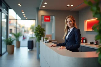 Réception moderne d'un hôtel ibis en bord de mer à Fécamp, accueil chaleureux par une employée en blazer marine