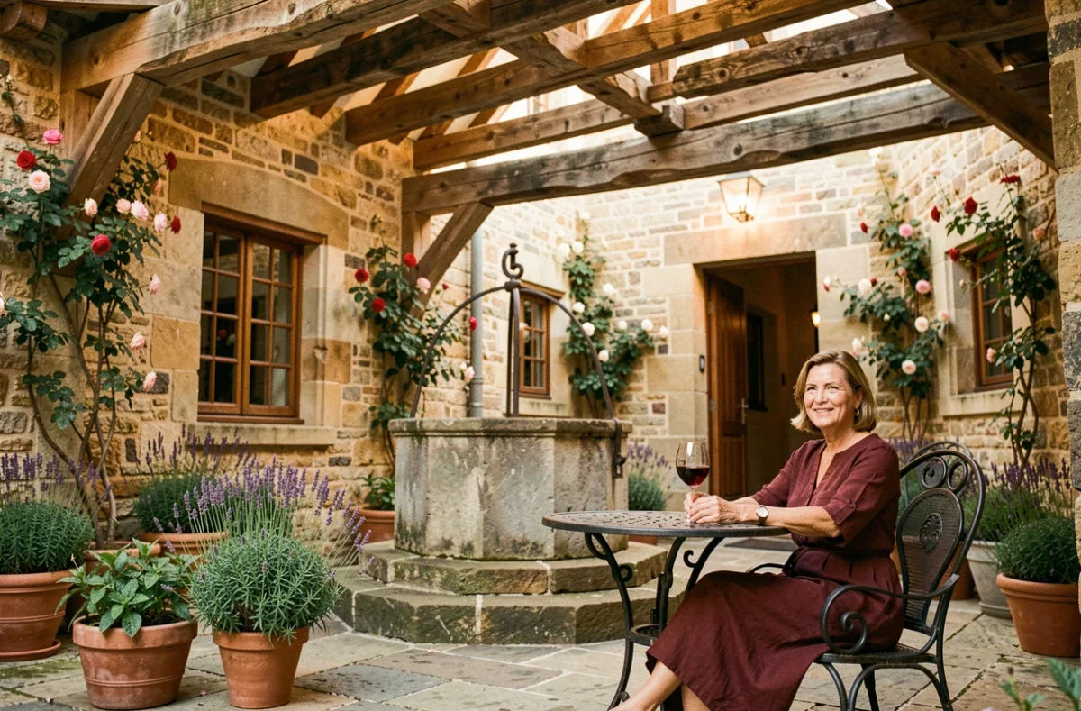 Cour intérieure médiévale de l'Hôtel Le Cep et Spa Holistique Marie de Bourgogne à Beaune, en pierre ancienne avec roses grimpantes