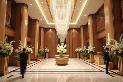 Hall d'hôtel luxueux avec lustres en cristal et staff élégant