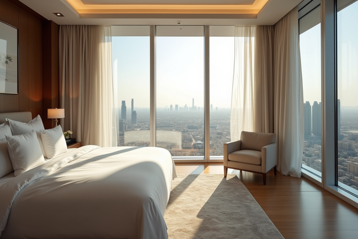 Vue panoramique d'un hôtel de luxe à Dubaï avec fenêtres panoramiques