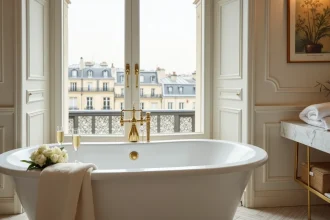 Chambre d'hôtel de luxe à Paris avec jacuzzi en marbre, coupe de champagne et vue sur les toits haussmanniens
