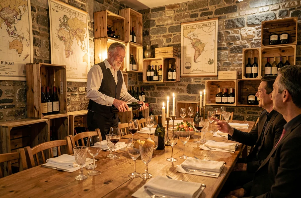 Salle à manger viticole de l'Hôtel La Rôtisserie du Chambertin à Gevrey-Chambertin, avec sommelier servant un grand cru bourguignon