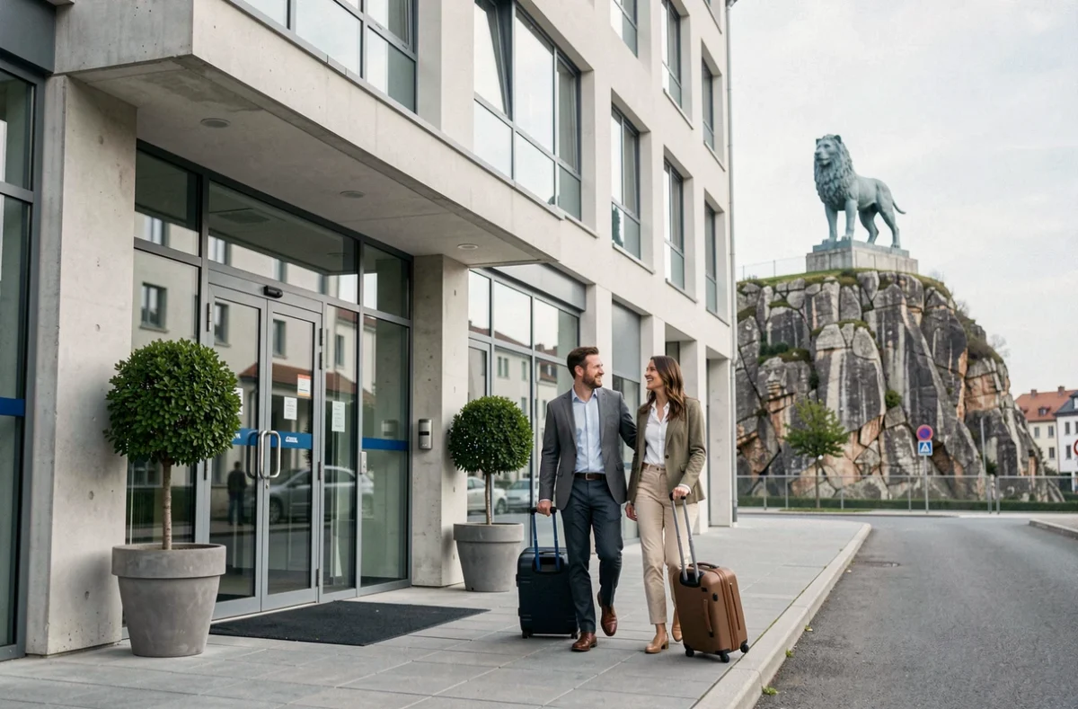 Façade contemporaine du Saint-Christophe à Belfort avec le célèbre Lion de Belfort visible en arrière-plan