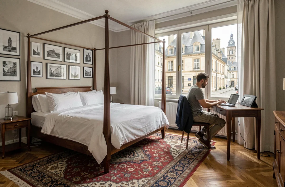 Chambre urbaine chaleureuse de l'Hôtel Wilson à Dijon avec vue sur une rue pavée du centre historique