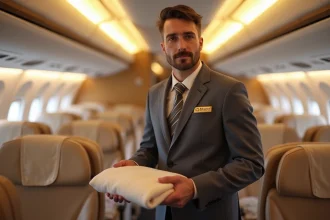 Hôtesse de l'air Etihad Airways en uniforme officiel dans la cabine business class d'un avion moderne