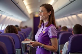 Hôtesse de l'air French bee en uniforme violet dans la cabine d'un avion, souriante face aux passagers