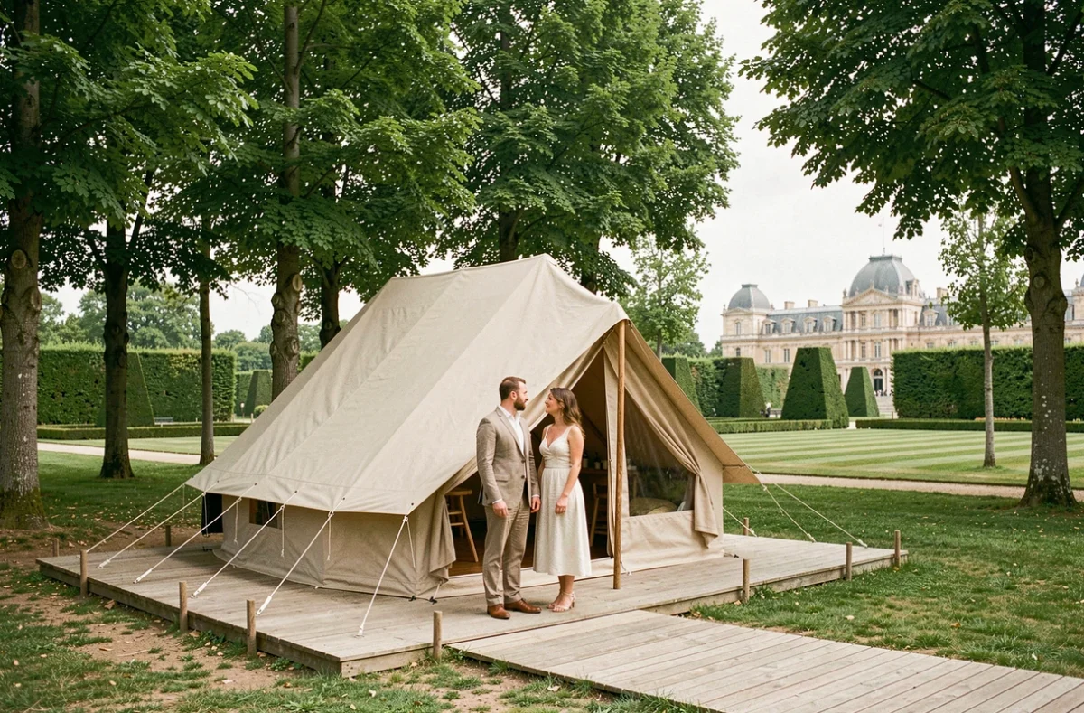 Couple devant leur tente Huttopia Versailles avec les jardins du château de Versailles visibles en arrière-plan
