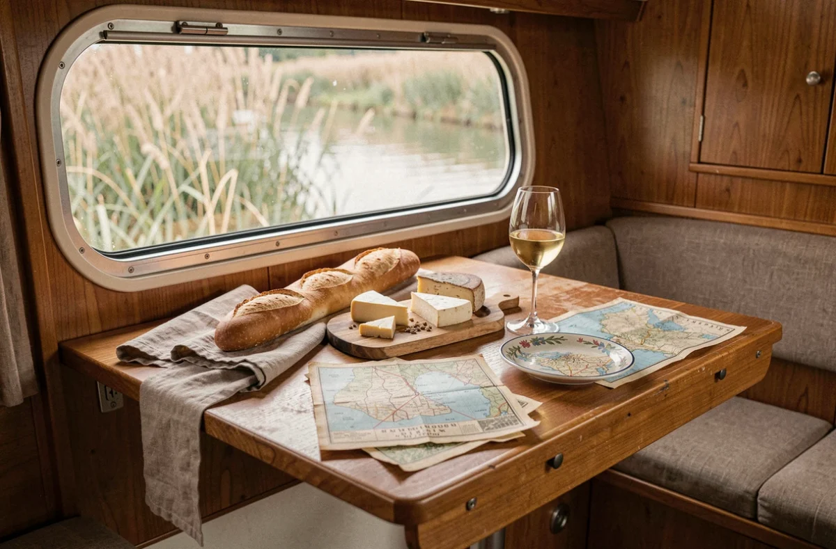 Intérieur chaleureux d'une cabine de bateau fluvial avec carte de navigation et repas traditionnel français