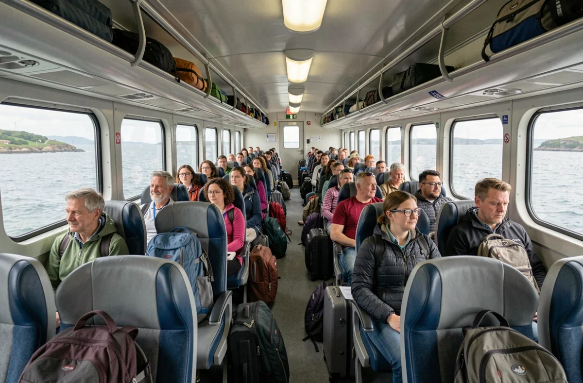 Intérieur de la cabine passagers du ferry entre Lorient et l'île de Groix avec voyageurs assis