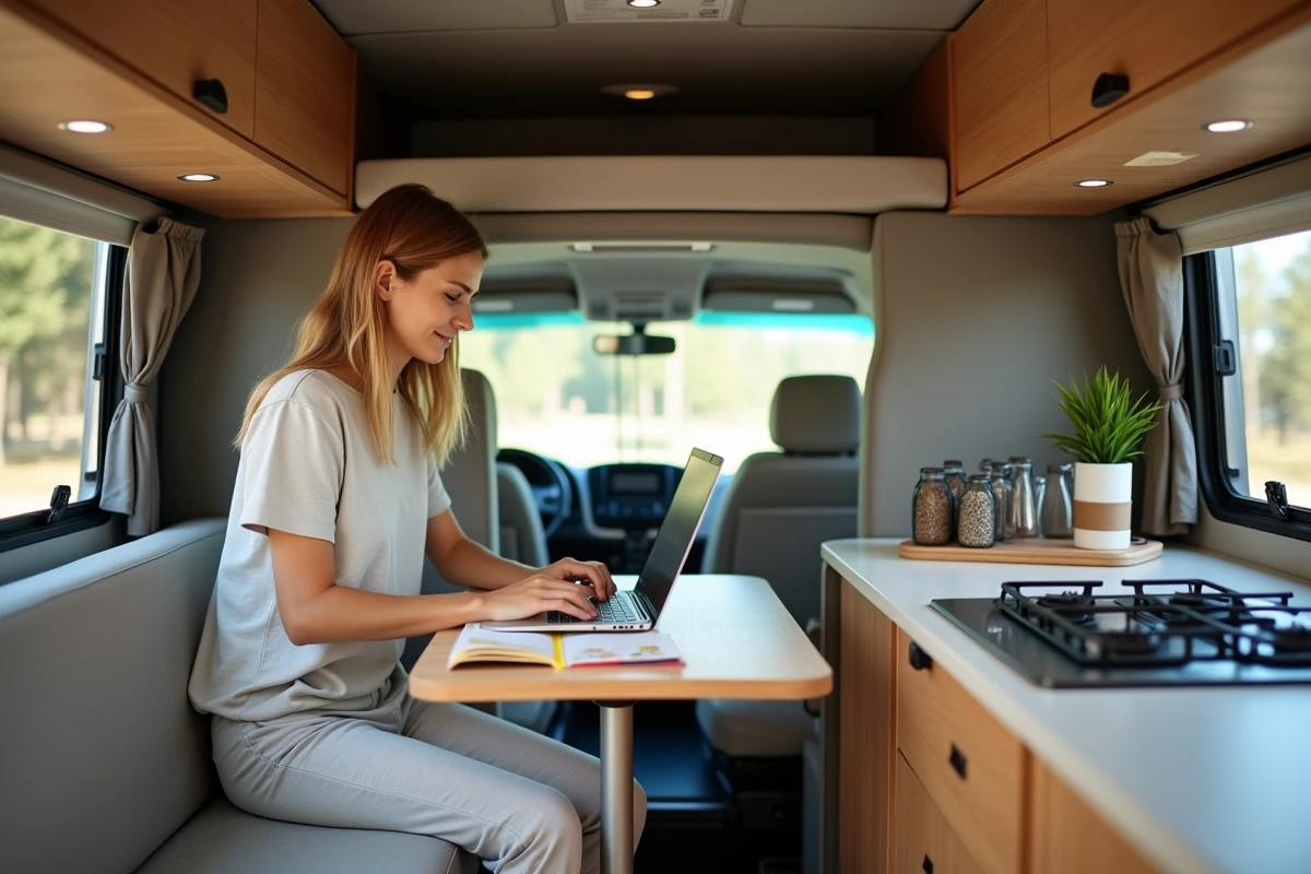 Femme travaillant sur son ordinateur à l'intérieur d'un camping-car bien organisé dans un camping espagnol