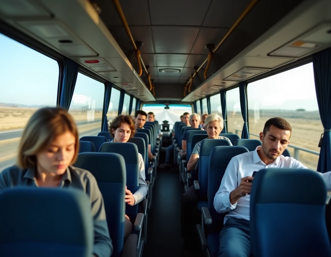 Intérieur d'un car interurbain sur le trajet Marseille Aix-en-Provence avec passagers