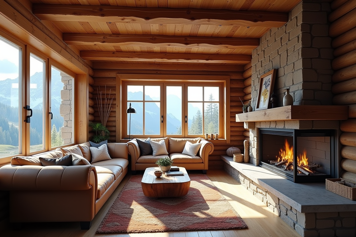 Intérieur chaleureux d un chalet alpin avec vue montagne