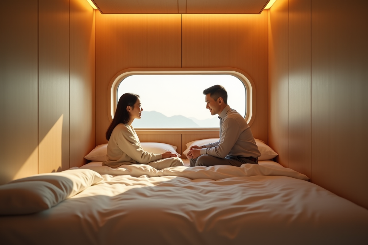 Intérieur moderne d'un hôtel capsule avec deux personnes sur un lit