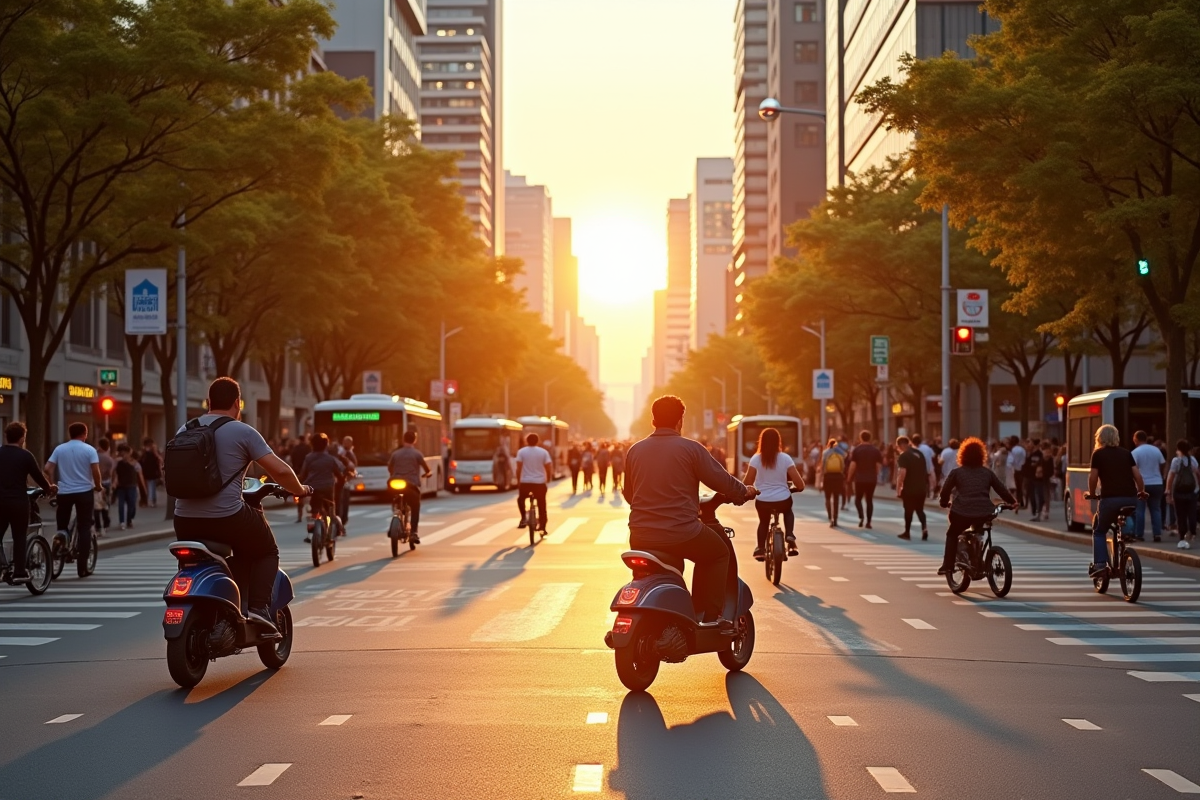 Intersection urbaine au lever du soleil avec mobilite eco